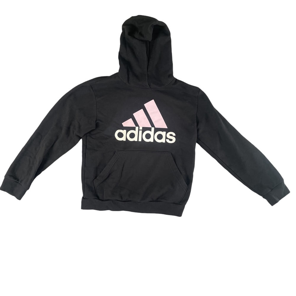 Adidas Pullover Hoodie Girls Size 14 Large Black Pink Logo Regular Fit